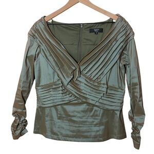Tadashi Shoji Collection Green Ruched Long Sleeve Structured Top Size 16 Vintage